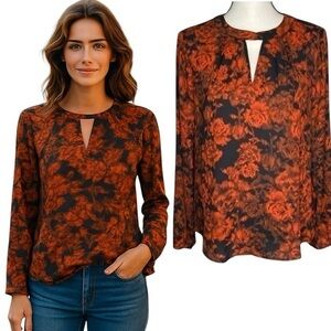 Maurices Top Black with Orange Floral Pattern Keyhole Neck Long Sleeve Blouse